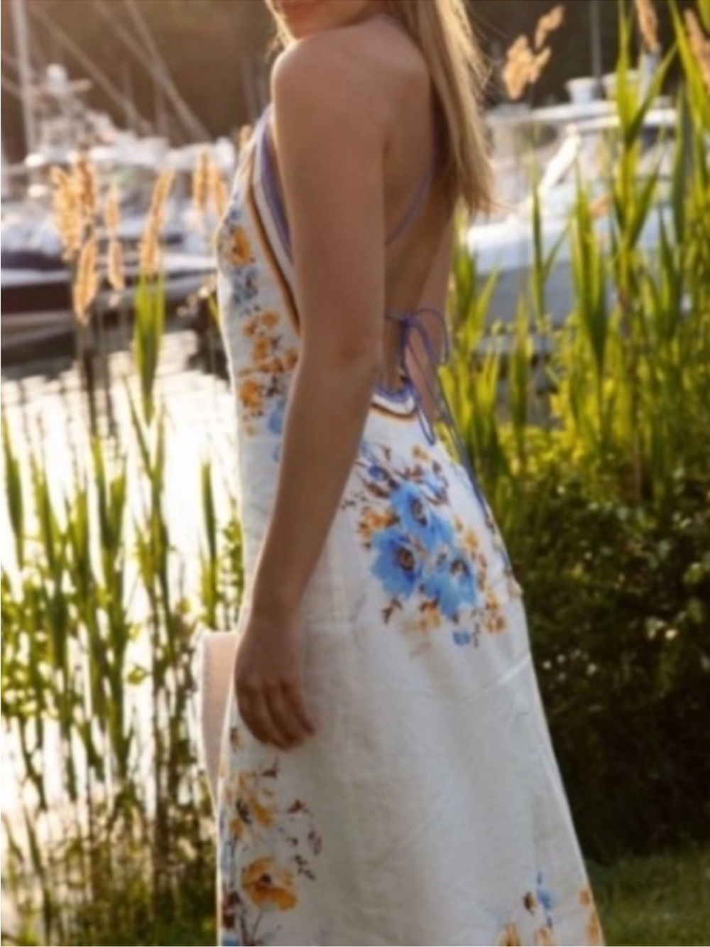 COMMENSE Blue White Floral Print Open Back Midi Dress NWT - Picture 4 of 16